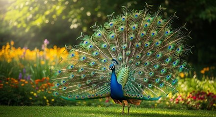 Obraz premium Vibrant Peacock Displaying Plumage in a Lush Garden