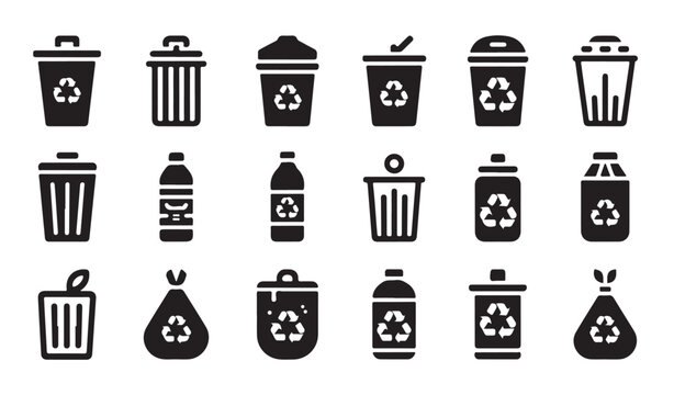 Trash bin icons for recycling with garbage bag and plastic bottle symbols on white background