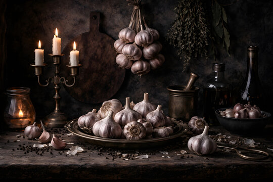 Dark mood home decorations with garlic