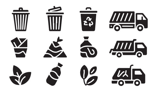 Waste management and recycling icon set featuring trash cans garbage trucks and green leaves