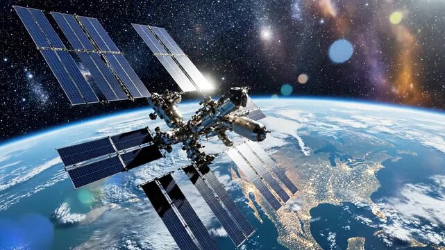 Space station orbiting Earth with solar panels and modules visible in outer space