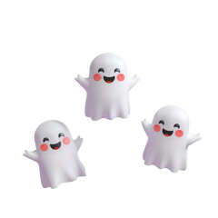Fototapeta premium Three happy cartoon ghosts with rosy cheeks on black background