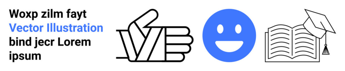 Fototapeta premium Education, achievement, positivity, success, learning, motivation. Thumbs up gesture, blue happy face open book with a graduation cap. Positivity and education concepts visually