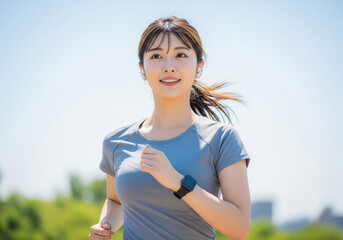 青空の下でワイヤレスイヤホンを装着し軽快に走る女性