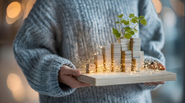 Person holding a wooden board with stacked coins and a small plant, symbolizing growth and investment.