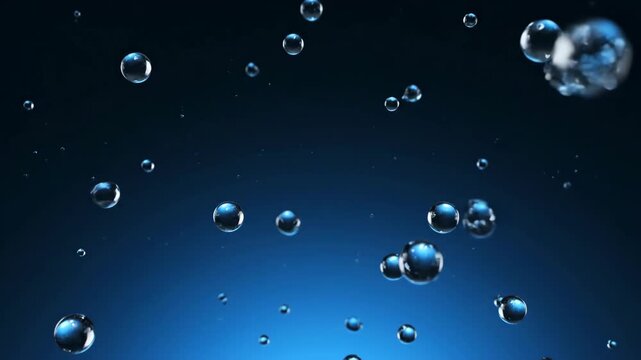 Rising bubbles float gently through a dark blue gradient background in a mesmerizing underwater scene captured from a side viewpoint