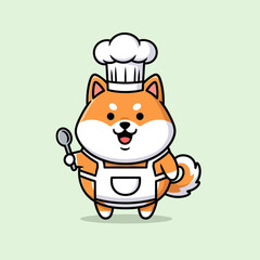 Fototapeta premium Cute Shiba Inu Dog Chef Character Holding Spoon and Wearing Apron.