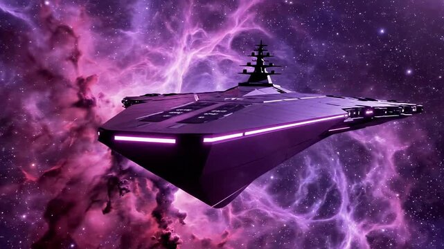 A futuristic spaceship with a triangular hull and purple lights flying through a vibrant purple and pink cosmic background with lightning-like energy effects