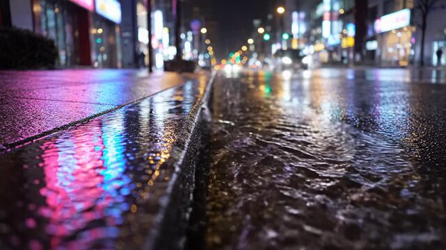 Rainy city street at night with wet pavement and curbside runoff, neon reflections and bokeh lights, urban mood for nightlife travel and winter holiday season