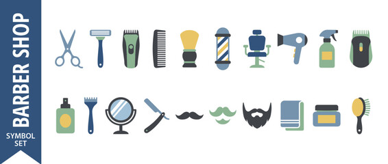Flat Design Barber Shop Icon Set Featuring Grooming Tools like Scissors, Razors, Electric Clippers, Combs, Shaving Brushes, Barber Pole, Chair, Hair Dryer, Spray Bottle, Mirror, Mustache, and Beard.
