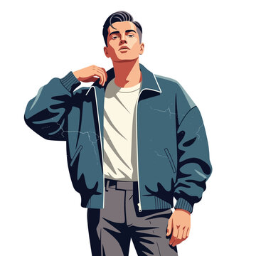 Stylish man in bomber jacket and trousers on white background