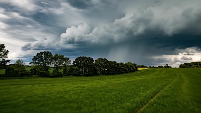 Storm clouds over green farmland, wide rural landscape with trees and rolling field, dramatic moody sky for weather forecasting, climate change, summer storm season