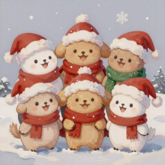 Fototapeta premium oil painting, a festive winter scene featuring adorable cartoon animals wearing santa hats and scarves