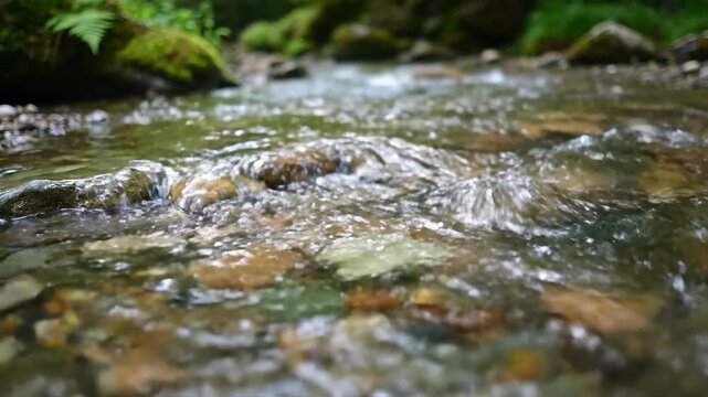 Gentle stream flowing over rocks in a lush forest, captured in a serene close-up video from a low viewpoint