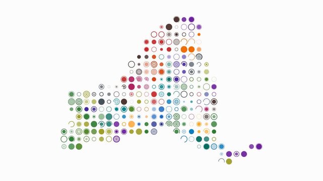 New York animation. Shape of the state with pulsating colored dots. Large size circle blocks. Digital style map on white background. Artistic video.
