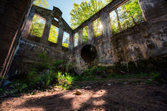 Majestic ruins of an ancient building, sun beams passing through windows, enlightening plants sprouting, Gatineau, Quebec.