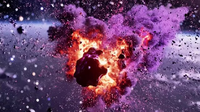 A large asteroid explodes in space with vibrant purple and orange flames