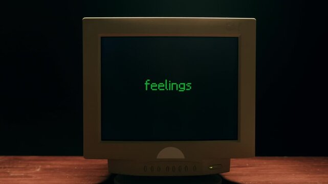 Retro pc with loading code console, programmer making scripts, green basic screen, Old computer studio close-up, Desktop vintage retro wave display, late 90s PC.