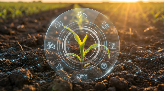 Smart Farming Concept with Corn Sprout and Digital NPK Interface