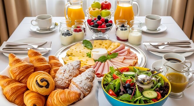Deluxe breakfast table featuring diverse delights, embodying a continental feast