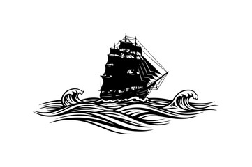 Vintage Black and White Ship on Waves Vector Illustration