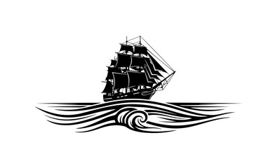 Vintage Clipper Ship Sailing Over Waves Vector Illustration