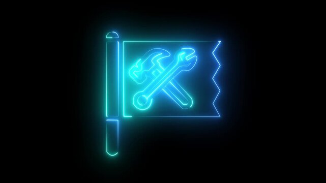 Neon glowing flag with crossed hammer and wrench tools for labor day concept.