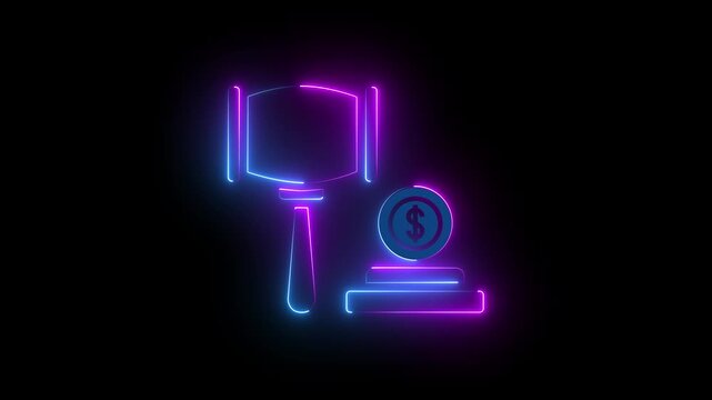 Neon judge gavel and money coins icon for legal and financial law concept.