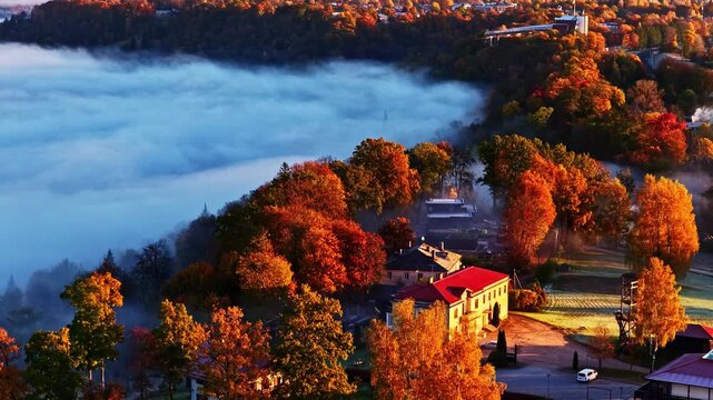 Aerial panorama of fall forest colors surrounding a valley covered by cloud inversion