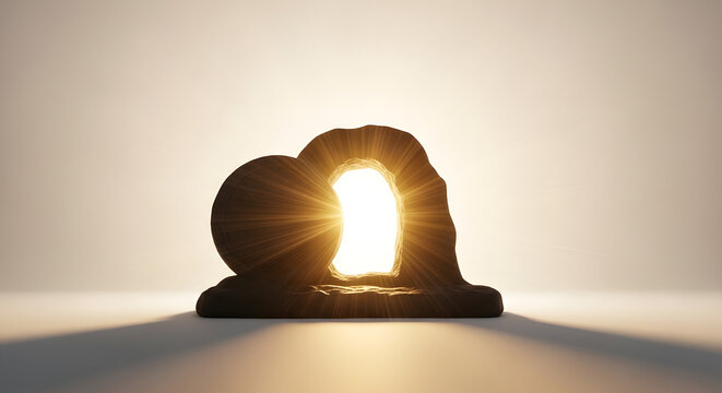 Jesus Easter. A bright light shines through the entrance of an empty tomb, symbolizing hope and renewal.
