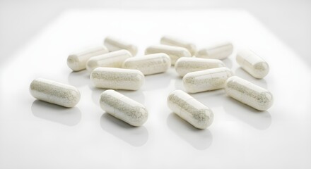 White transparent pharmaceutical capsules with powder on white background