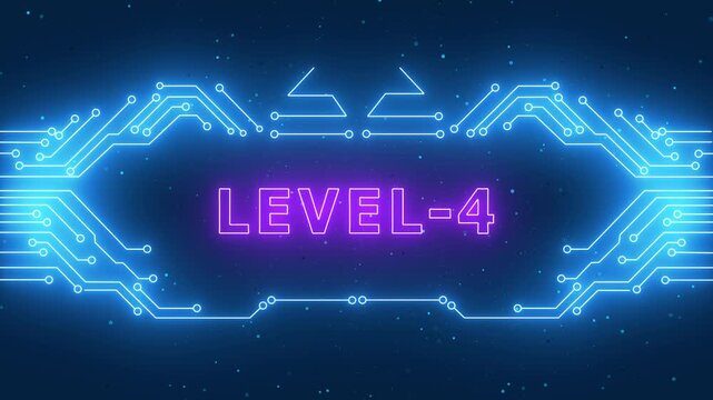 Futuristic Neon Level 4 Gaming Interface Header with Blue Glowing Circuit Board Texture and Cyberpunk Tech HUD Design
