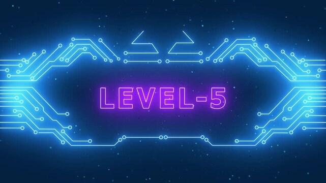 Futuristic Neon Level 5 Gaming Interface Header with Blue Glowing Circuit Board Texture and Cyberpunk Tech HUD Design