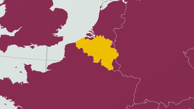 Belgium map. Animated zoom into the country on the Globe in Pale Mint Dark Pink color palette. Country logo animation with round text and airplanes. Map with meridians, parallels. Classy video.