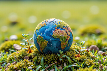 Environmental concept: Small green plants growing around a mossy globe on grass.