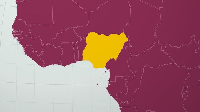 Nigeria map. Animated zoom into the country on the Globe in Pale Mint Dark Pink color palette. Country logo animation with round text and airplanes. Map with meridians, parallels. Vibrant video.