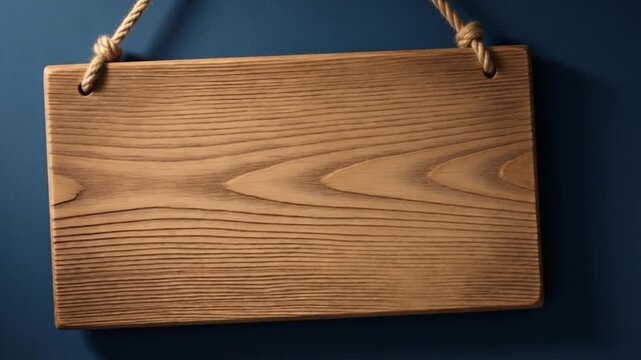 Blank wooden sign hanging on rope against dark blue background
