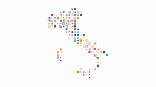 Italy map animation. Shape of the country with pulsating colored dots. Large size square blocks. Digital style Italy map on white background. Abstract video.