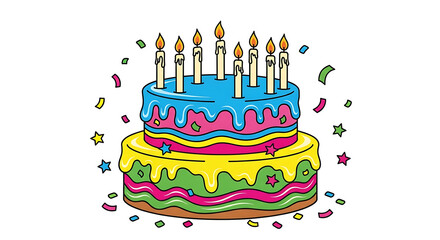 Colorful cartoon birthday cake with candles and confetti.