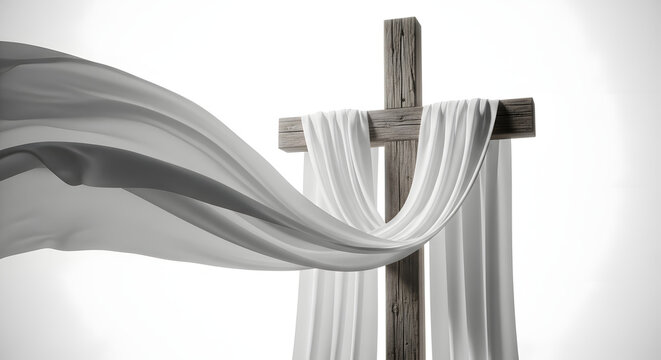 Jesus Easter. A wooden cross adorned with a flowing white cloth against a clean background