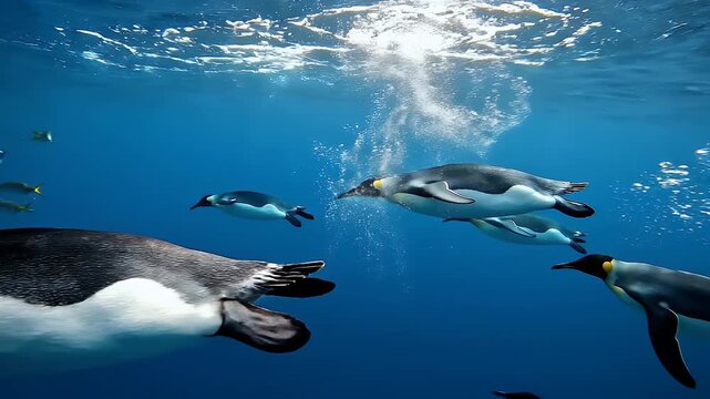 Underwater view of King Penguins swimming gracefully in the deep blue ocean.