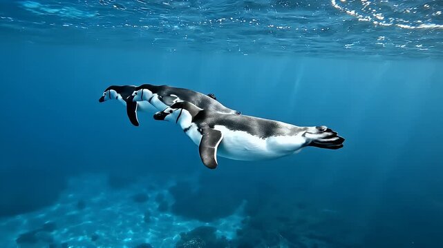 Underwater view of two penguins swimming gracefully in clear blue ocean water.