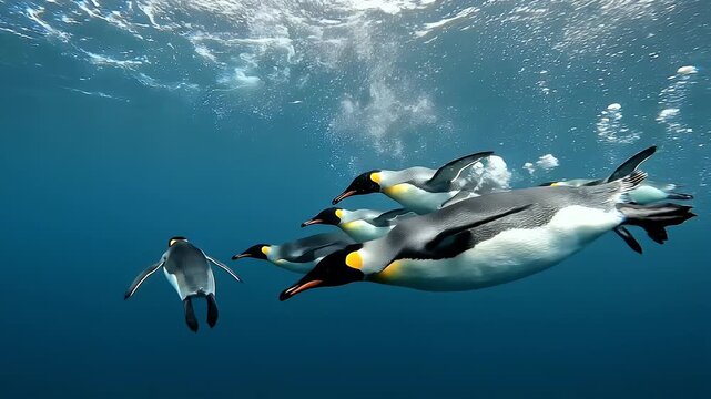 Graceful King Penguins Swimming Underwater in Crystal Clear Blue Ocean Waters.