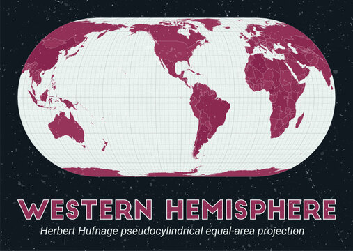 Western Hemisphere. World map. Herbert Hufnage pseudocylindrical equal-area projection centered to Western Hemisphere. Pale Mint Dark Pink palette. Vintage texture. Classic vector illustration.