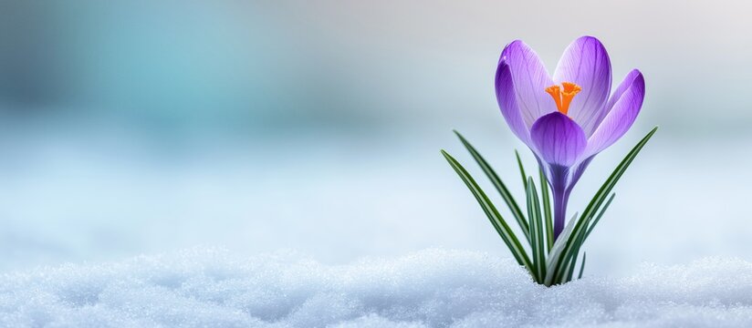 Vibrant crocus flower pushing through white snow, signifying new life, resilience, and seasonal transition from winter to spring