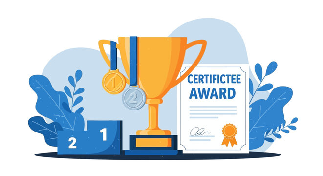 Awards and medals displayed on a podium with a certificate in a celebratory setting, showcasing achievement and recognition from a front viewpoint.