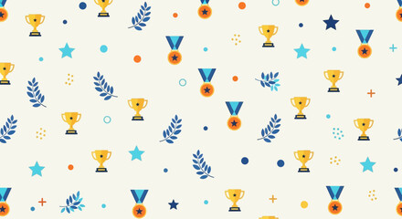 Obraz premium A vibrant pattern of trophies, leaves, and stars on a seamless background from a top-down viewpoint