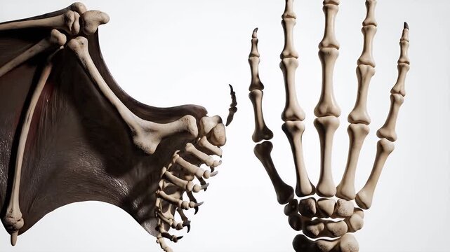 Detailed Close Up of Bat Wing Skeleton and Human Hand Bone Structure Isolated on White Background