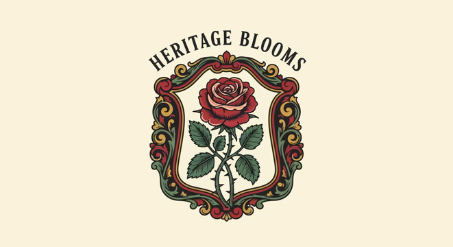 Vintage heraldic emblem featuring a gold crown and floral ornament on an abstract shield frame with retro ribbon and decorative border vector illustration