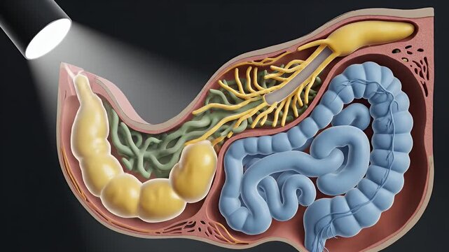 Detailed Cross-Section Diagram of an Insect Digestive System with Illuminated Sections and Intricate Internal Structures